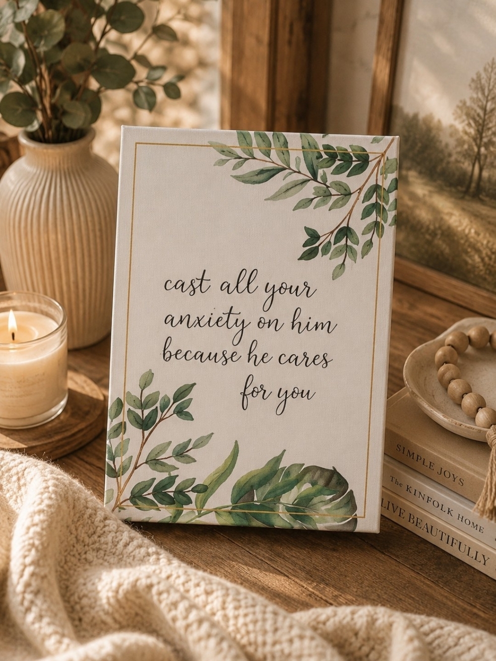 Christian Scripture Canvas Sign - Cast All Your Anxiety, Mininalist, Neutral